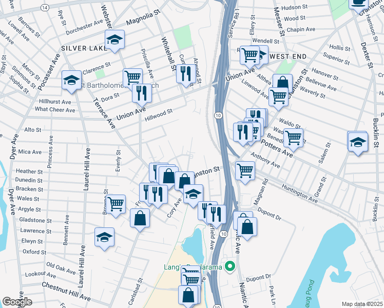map of restaurants, bars, coffee shops, grocery stores, and more near 47 Lincoln Avenue in Cranston