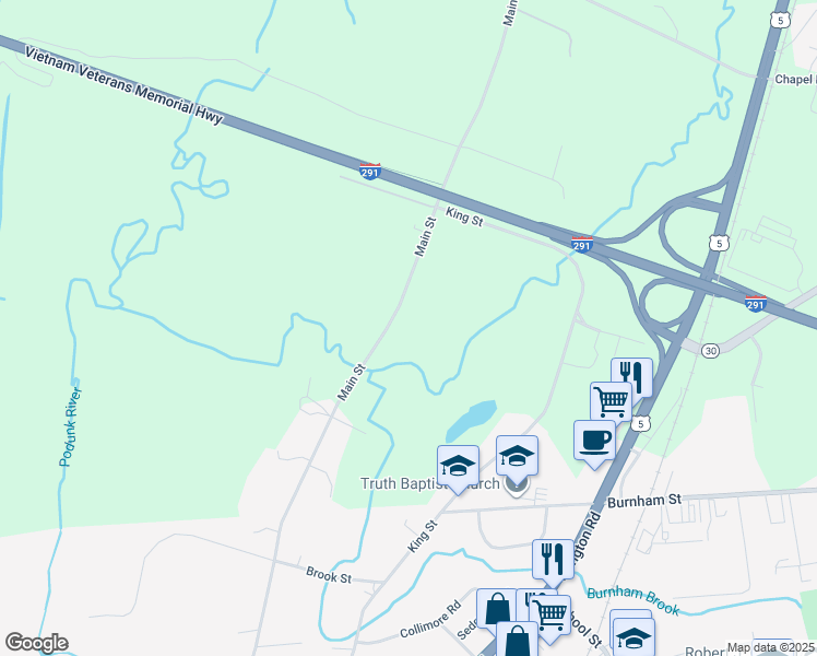 map of restaurants, bars, coffee shops, grocery stores, and more near 216 Main Street in South Windsor