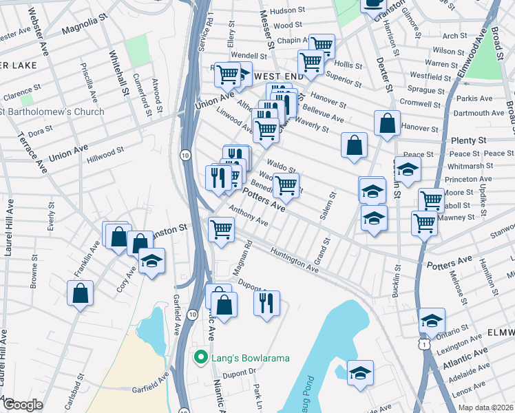 map of restaurants, bars, coffee shops, grocery stores, and more near 19 Anthony Avenue in Providence