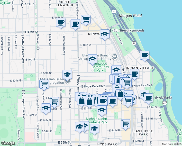 map of restaurants, bars, coffee shops, grocery stores, and more near 1328 East Madison Park in Chicago