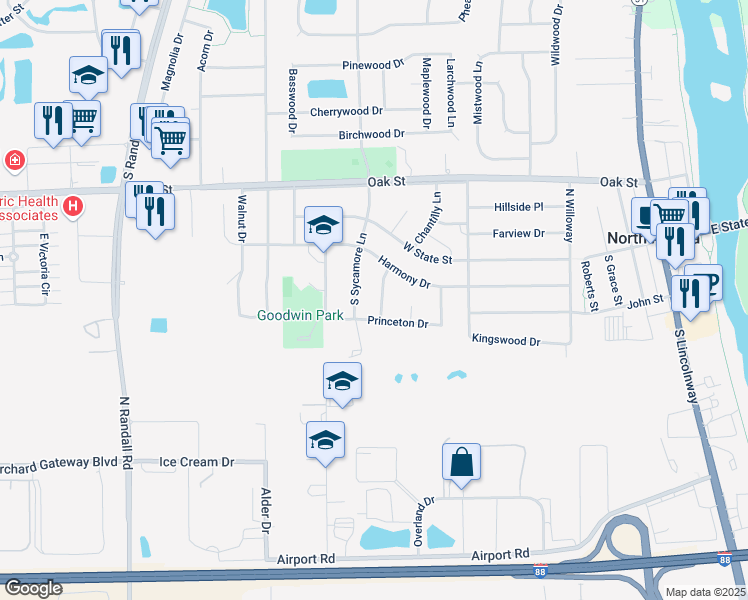 map of restaurants, bars, coffee shops, grocery stores, and more near 504 Princeton Drive in North Aurora