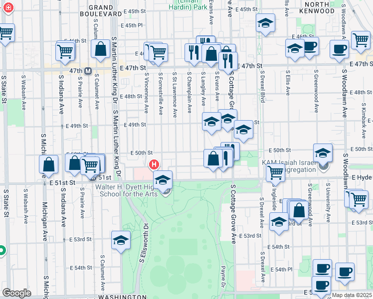 map of restaurants, bars, coffee shops, grocery stores, and more near 5015 South Champlain Avenue in Chicago
