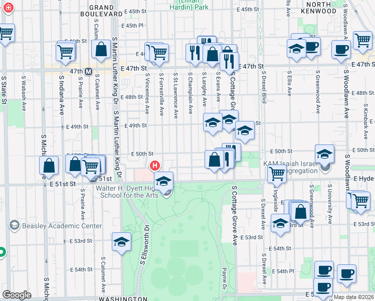 map of restaurants, bars, coffee shops, grocery stores, and more near 4956 South Champlain Avenue in Chicago