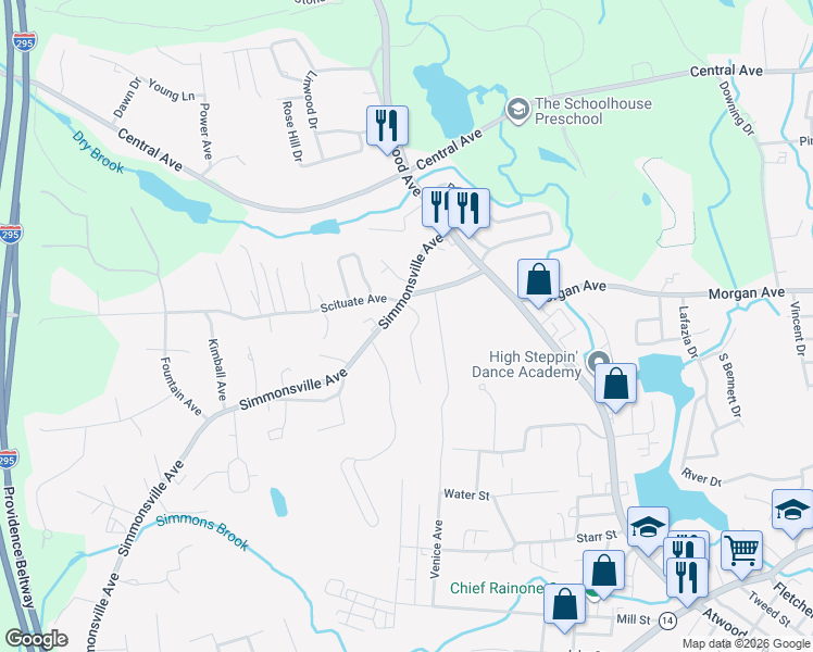 map of restaurants, bars, coffee shops, grocery stores, and more near 363 Simmonsville Avenue in Johnston