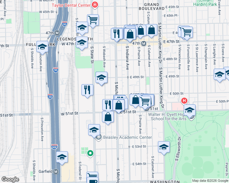 map of restaurants, bars, coffee shops, grocery stores, and more near 5009 South Michigan Avenue in Chicago