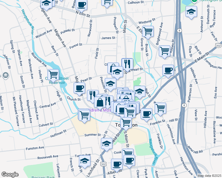 map of restaurants, bars, coffee shops, grocery stores, and more near 68 Church Street in Torrington