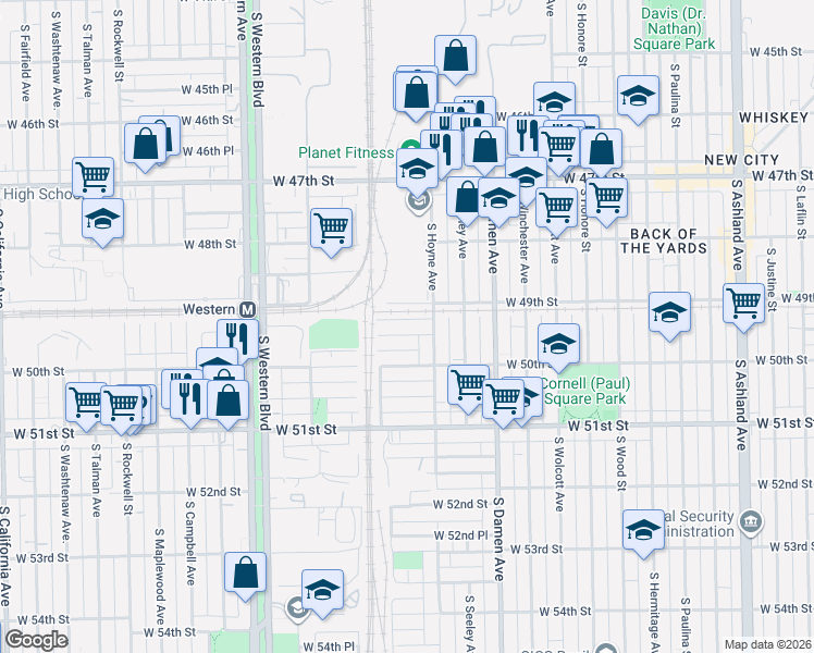 map of restaurants, bars, coffee shops, grocery stores, and more near 2125 West 49th Place in Chicago