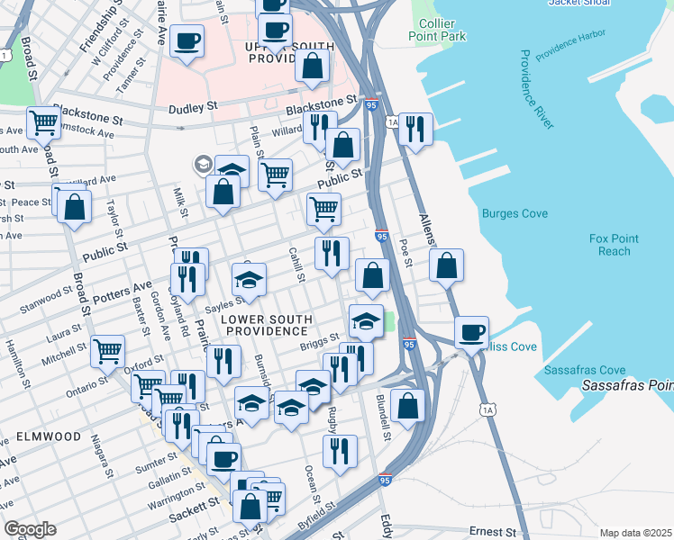 map of restaurants, bars, coffee shops, grocery stores, and more near 16 Searle Street in Providence