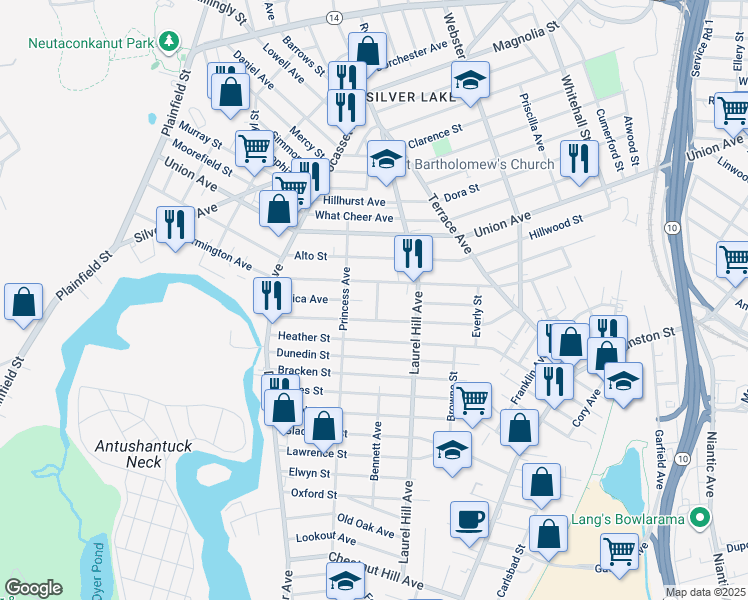 map of restaurants, bars, coffee shops, grocery stores, and more near 97 Maplewood Avenue in Cranston