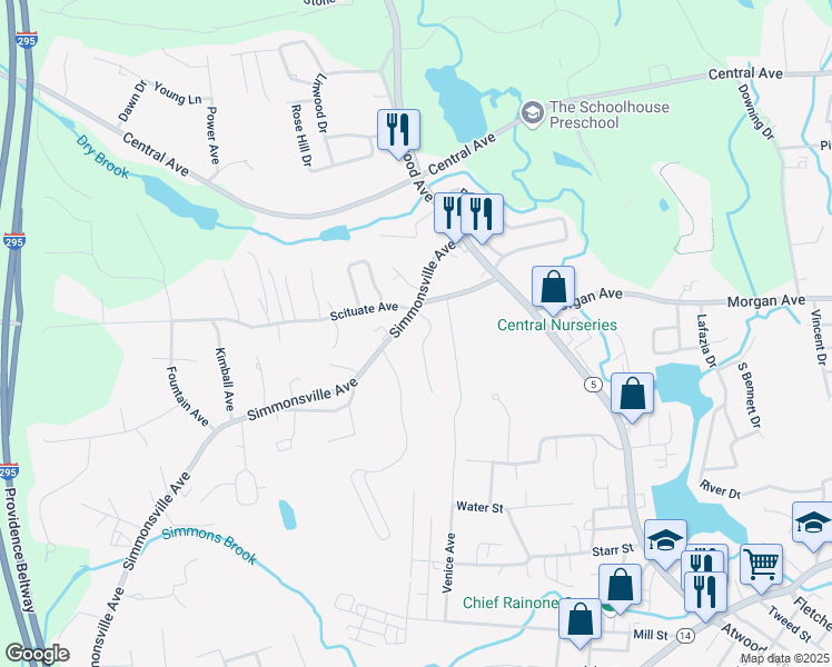 map of restaurants, bars, coffee shops, grocery stores, and more near 363 Simmonsville Avenue in Johnston