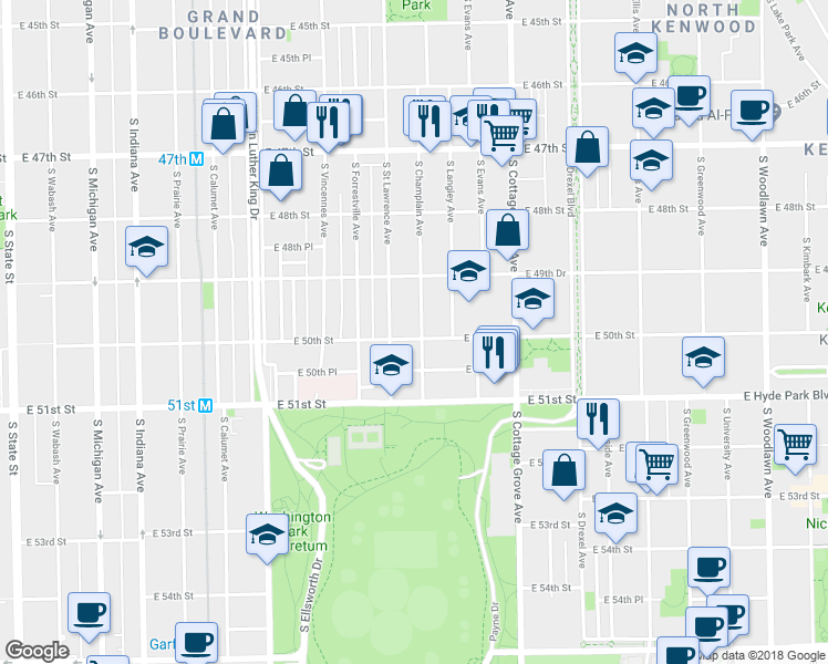 map of restaurants, bars, coffee shops, grocery stores, and more near 5015 South Champlain Avenue in Chicago