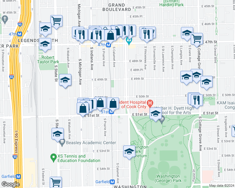 map of restaurants, bars, coffee shops, grocery stores, and more near 5010 South Calumet Avenue in Chicago
