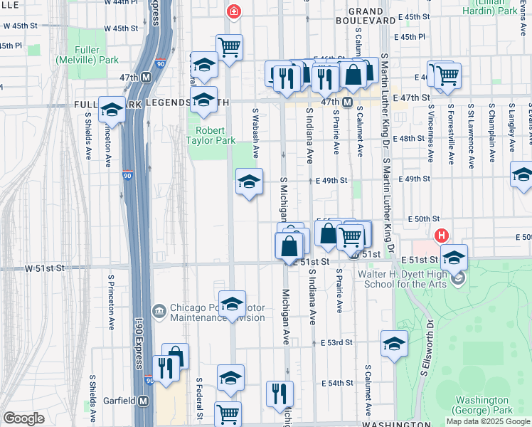map of restaurants, bars, coffee shops, grocery stores, and more near 5011 South Wabash Avenue in Chicago