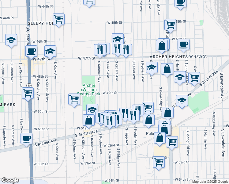 map of restaurants, bars, coffee shops, grocery stores, and more near 4919 South Kildare Avenue in Chicago