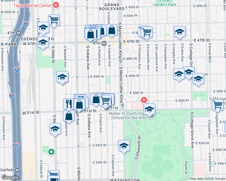 map of restaurants, bars, coffee shops, grocery stores, and more near 5010 South Calumet Avenue in Chicago