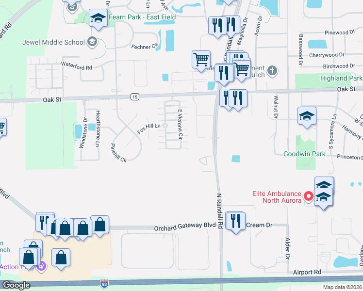 map of restaurants, bars, coffee shops, grocery stores, and more near 808 East Victoria Circle in North Aurora