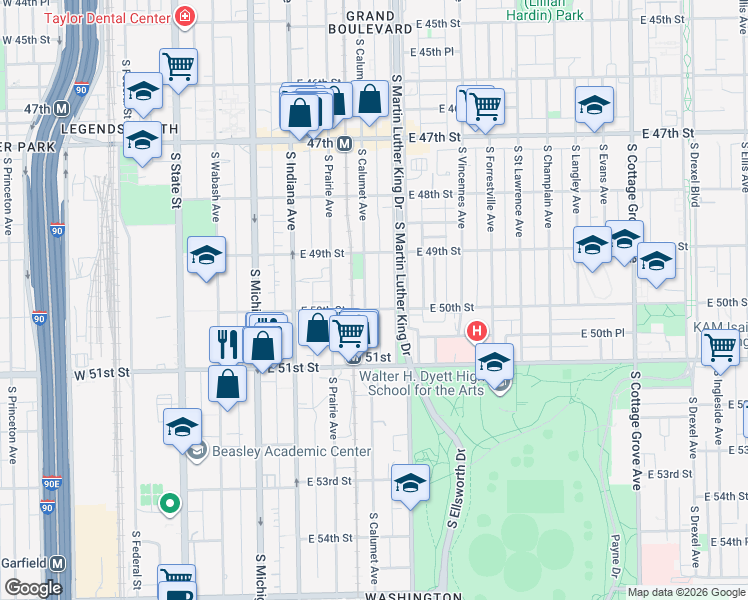 map of restaurants, bars, coffee shops, grocery stores, and more near 4953 South Calumet Avenue in Chicago