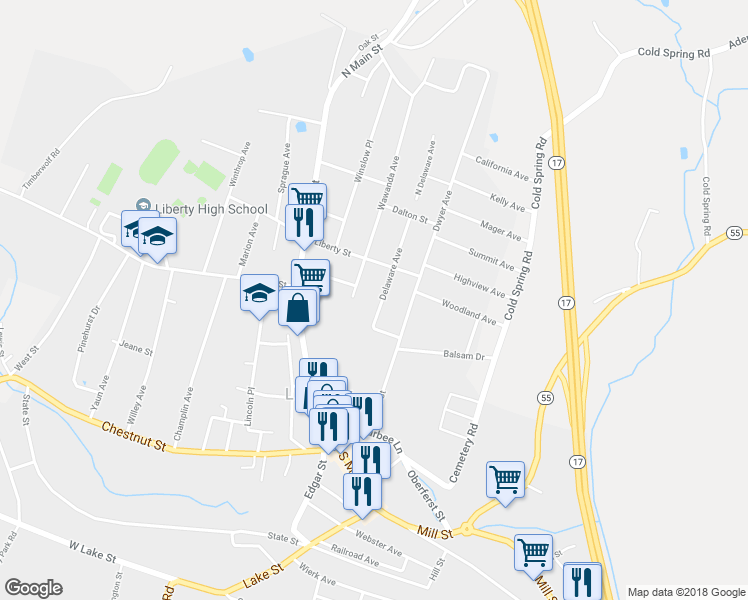 map of restaurants, bars, coffee shops, grocery stores, and more near 10 Delaware Avenue in Liberty