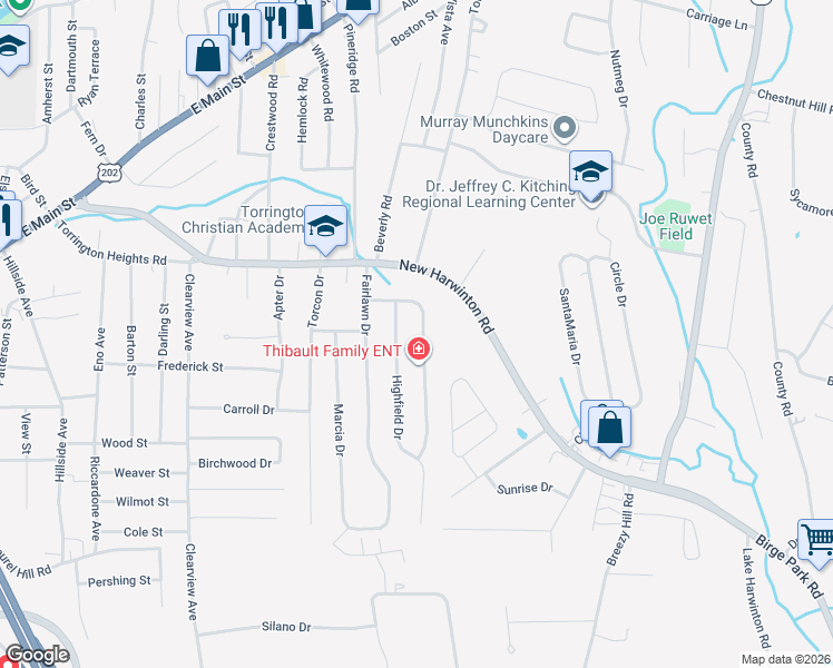 map of restaurants, bars, coffee shops, grocery stores, and more near 118 Edgewood Drive in Torrington