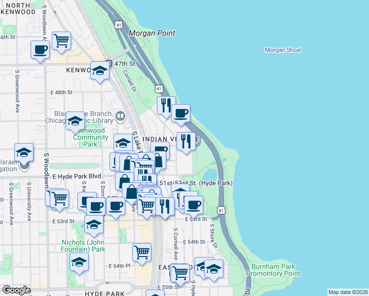 map of restaurants, bars, coffee shops, grocery stores, and more near 1645 East 50th Street in Chicago