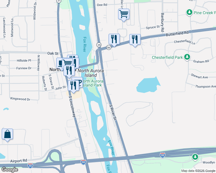 map of restaurants, bars, coffee shops, grocery stores, and more near 25 Redwood Court in North Aurora