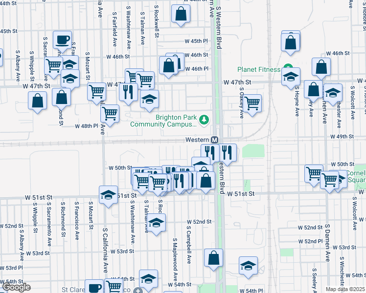 map of restaurants, bars, coffee shops, grocery stores, and more near 4940 South Campbell Avenue in Chicago