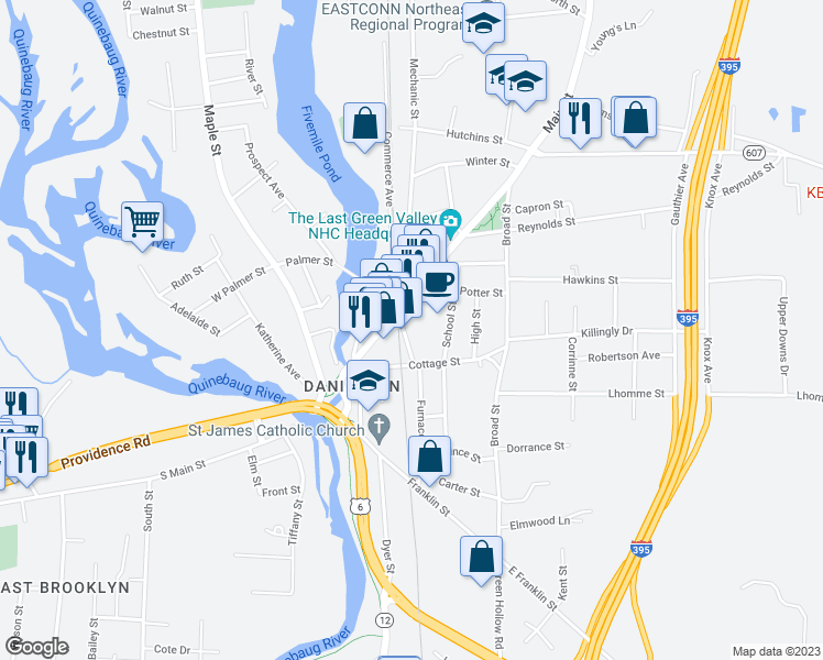 map of restaurants, bars, coffee shops, grocery stores, and more near 20 Furnace Street in Killingly