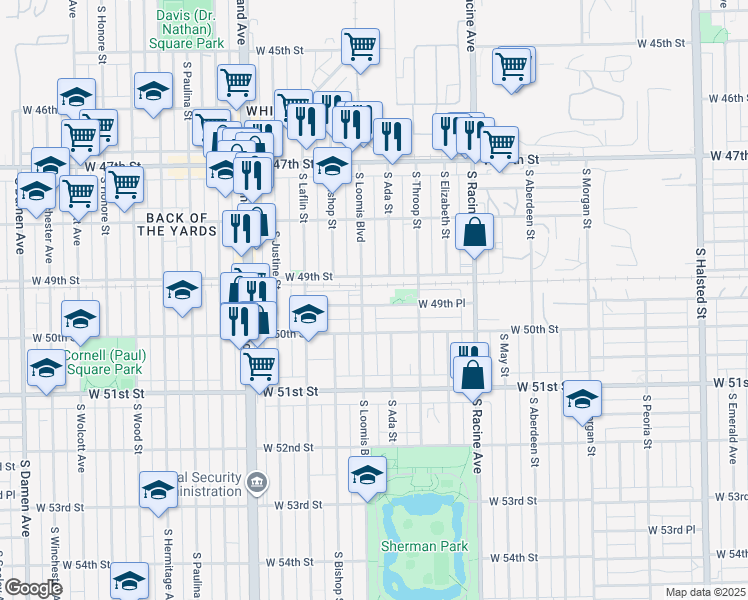 map of restaurants, bars, coffee shops, grocery stores, and more near 4856 South Loomis Street in Chicago