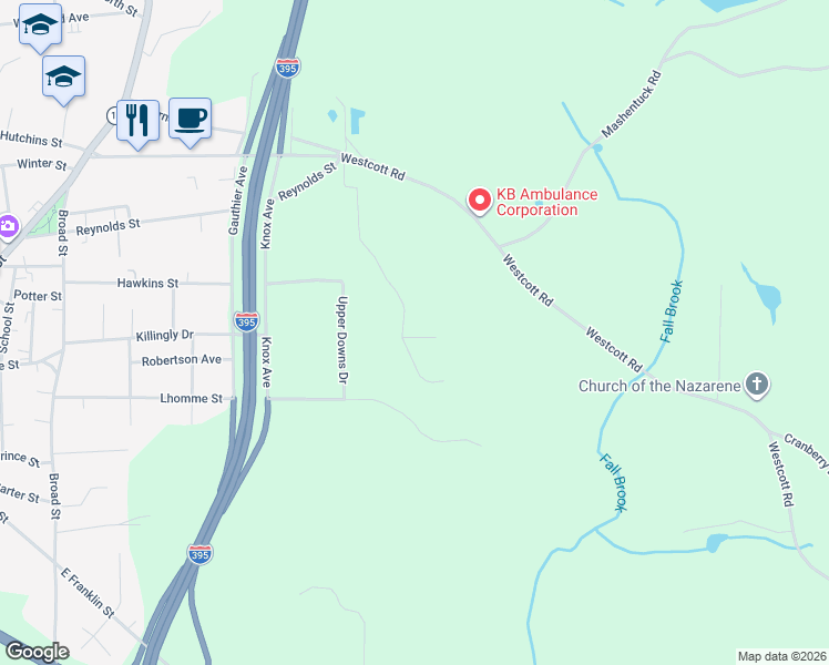 map of restaurants, bars, coffee shops, grocery stores, and more near 590 Hillside View in Killingly