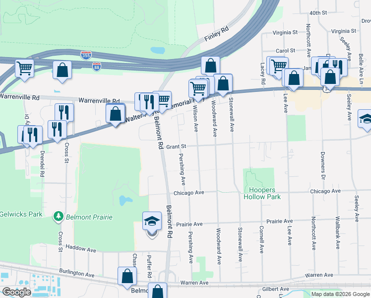 map of restaurants, bars, coffee shops, grocery stores, and more near 4436 Pershing Avenue in Downers Grove