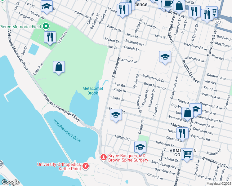 map of restaurants, bars, coffee shops, grocery stores, and more near 16 Ridge Drive in East Providence