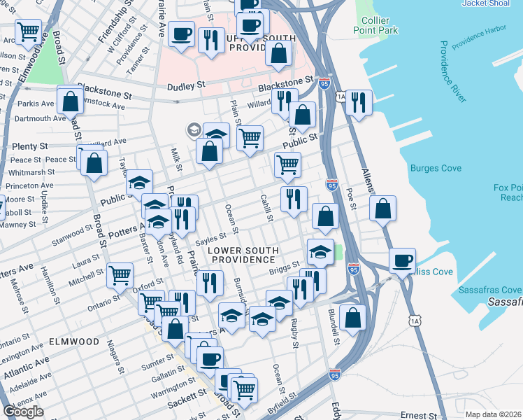 map of restaurants, bars, coffee shops, grocery stores, and more near 47 Trask Street in Providence
