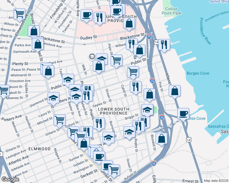 map of restaurants, bars, coffee shops, grocery stores, and more near 94 Potters Avenue in Providence