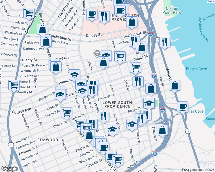 map of restaurants, bars, coffee shops, grocery stores, and more near 38 Burnside Street in Providence