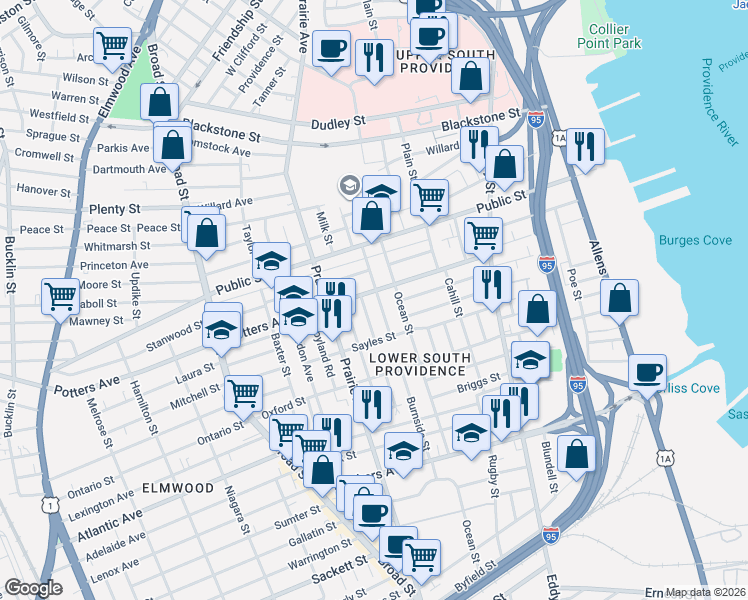 map of restaurants, bars, coffee shops, grocery stores, and more near 38 Burnside Street in Providence