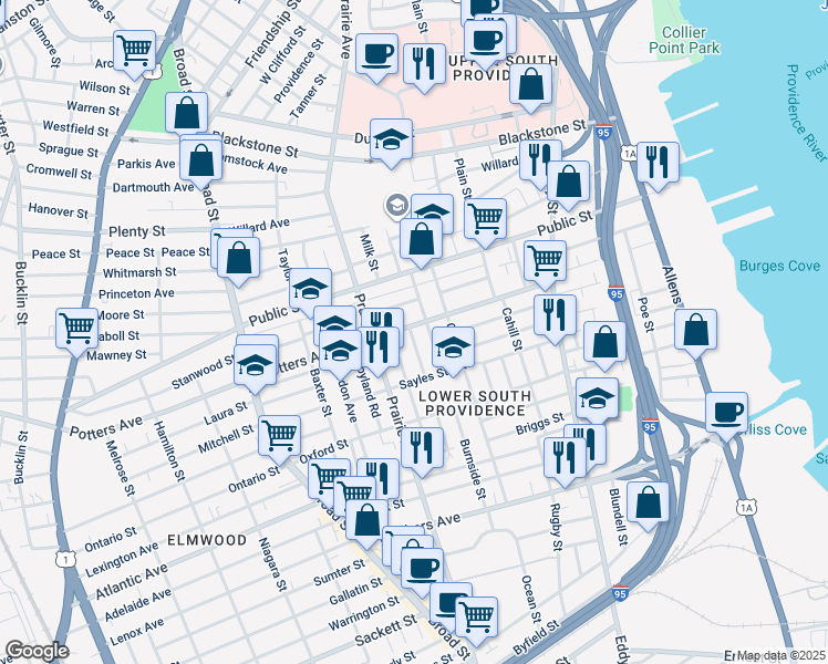 map of restaurants, bars, coffee shops, grocery stores, and more near 38 Burnside Street in Providence