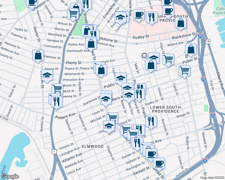 map of restaurants, bars, coffee shops, grocery stores, and more near 493 Public Street in Providence