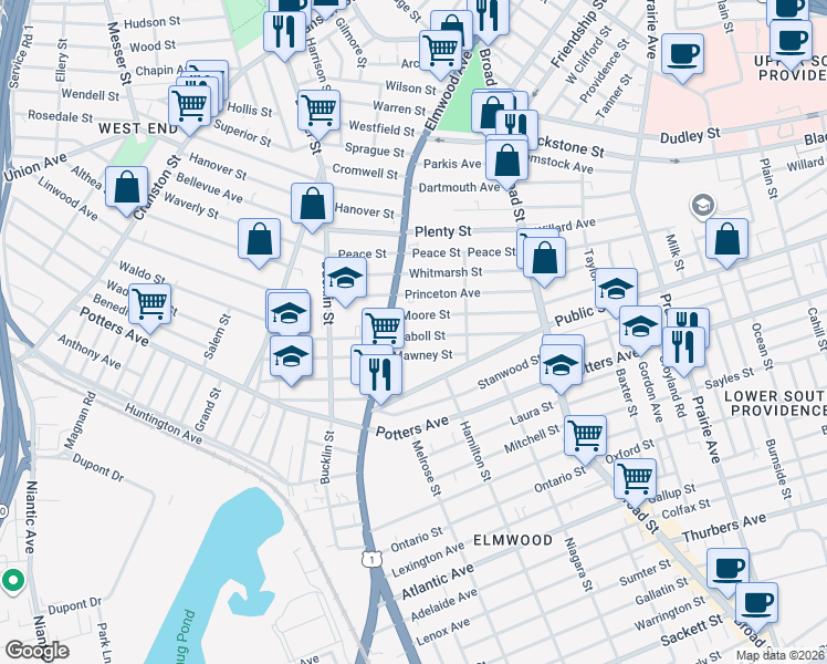 map of restaurants, bars, coffee shops, grocery stores, and more near 115 Moore Street in Providence