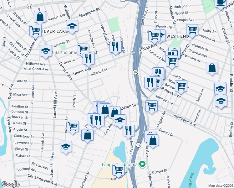 map of restaurants, bars, coffee shops, grocery stores, and more near 68 Lincoln Avenue in Cranston
