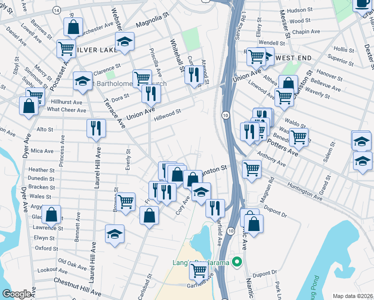 map of restaurants, bars, coffee shops, grocery stores, and more near 87 Grant Avenue in Cranston