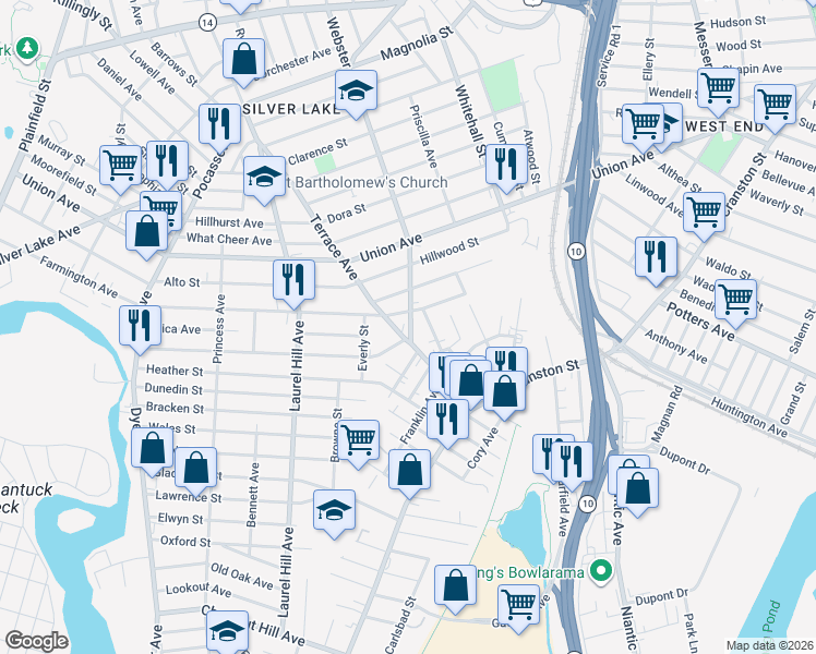 map of restaurants, bars, coffee shops, grocery stores, and more near 90 Bailey Street in Cranston