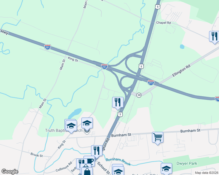 map of restaurants, bars, coffee shops, grocery stores, and more near 20 McGuire Road in South Windsor