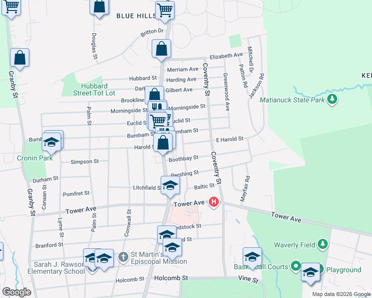 map of restaurants, bars, coffee shops, grocery stores, and more near 50 Harold Street in Hartford