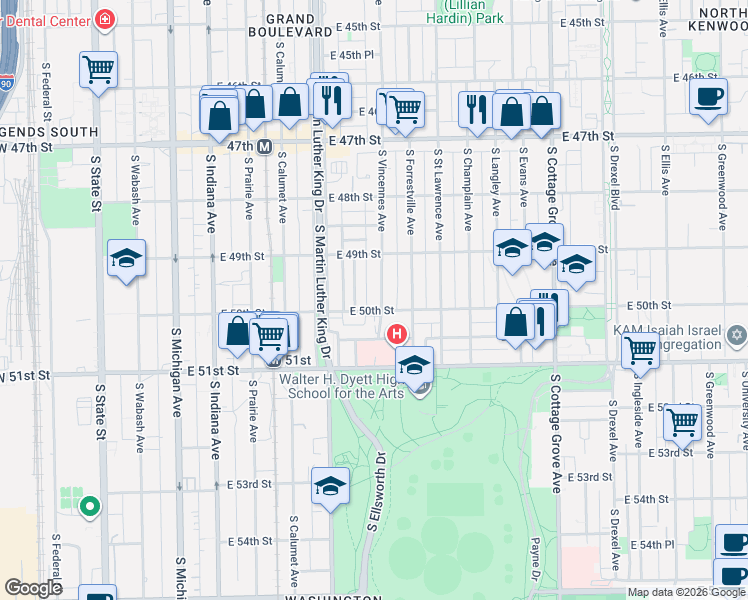 map of restaurants, bars, coffee shops, grocery stores, and more near 4925 South Vincennes Avenue in Chicago