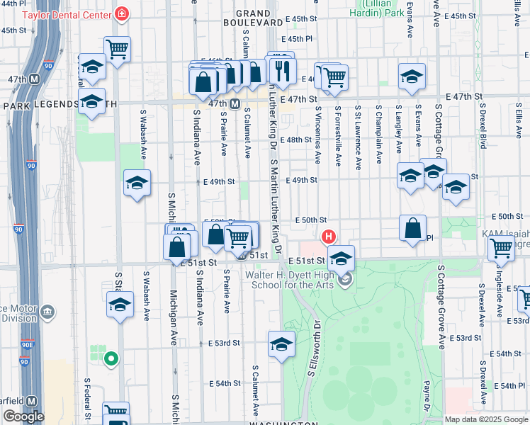 map of restaurants, bars, coffee shops, grocery stores, and more near 4924a South Doctor Martin Luther King Junior Drive in Chicago