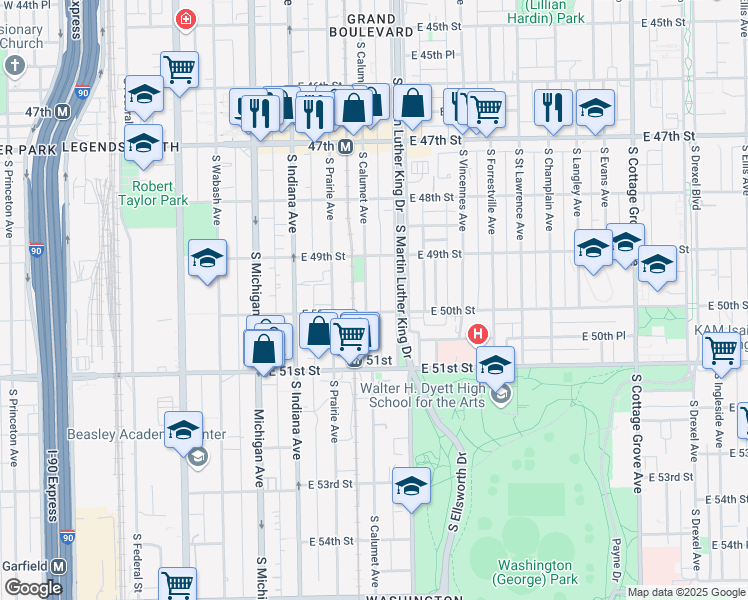 map of restaurants, bars, coffee shops, grocery stores, and more near 4921 South Calumet Avenue in Chicago