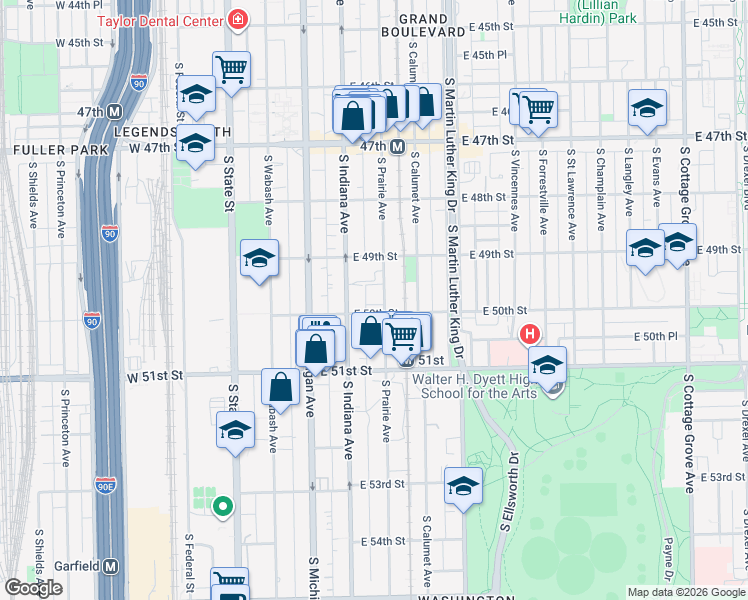 map of restaurants, bars, coffee shops, grocery stores, and more near 4927 South Prairie Avenue in Chicago