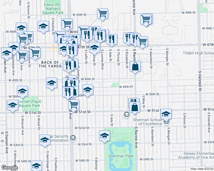 map of restaurants, bars, coffee shops, grocery stores, and more near 4856 South Loomis Street in Chicago