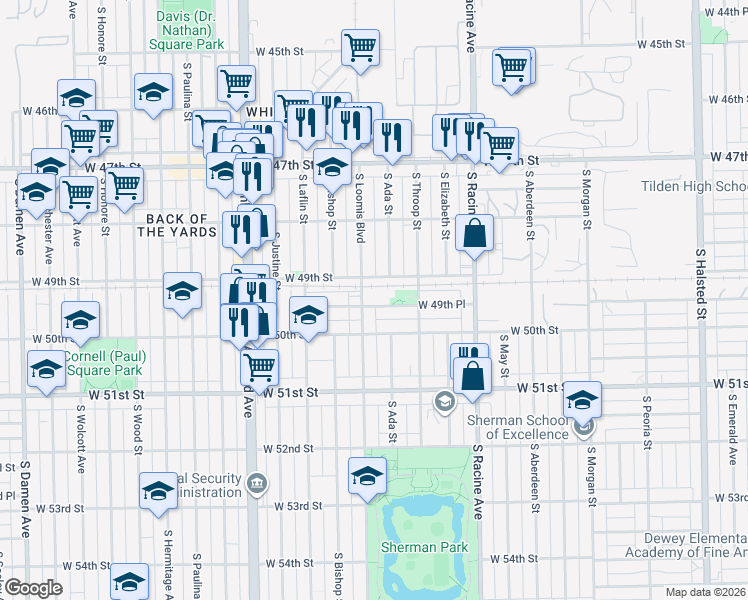 map of restaurants, bars, coffee shops, grocery stores, and more near 4856 South Loomis Street in Chicago