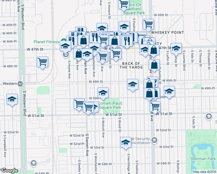 map of restaurants, bars, coffee shops, grocery stores, and more near 4859 South Wolcott Avenue in Chicago
